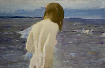 Back view oil painting portrait of pale girl with long brown hair in water by Baskakov N.N