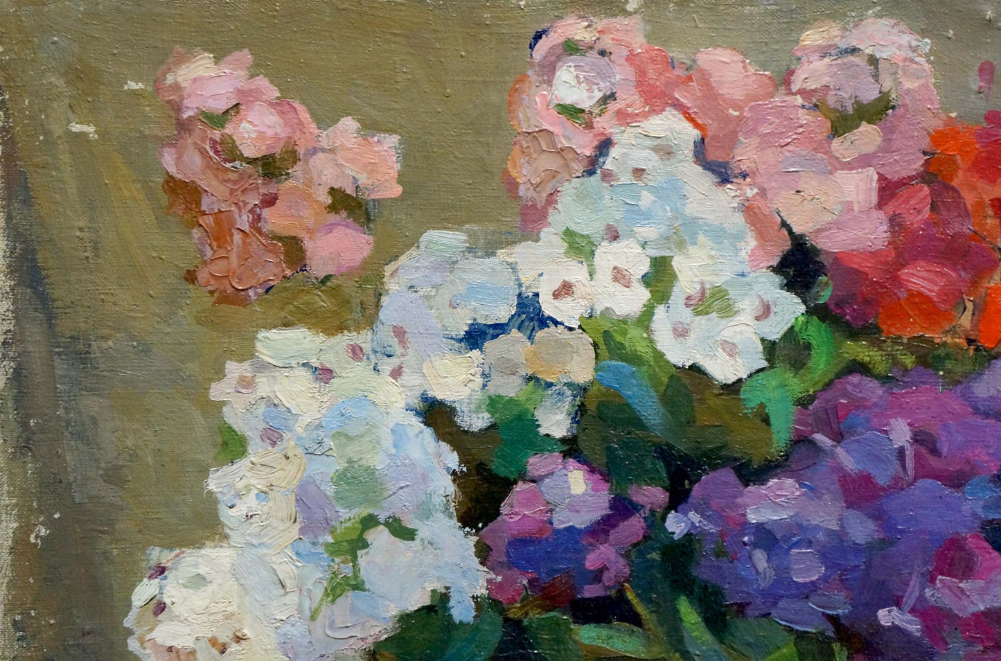 Vibrant oil painting of pink, white, purple hydrangeas by Shalabayeva Olga Ivanovna
