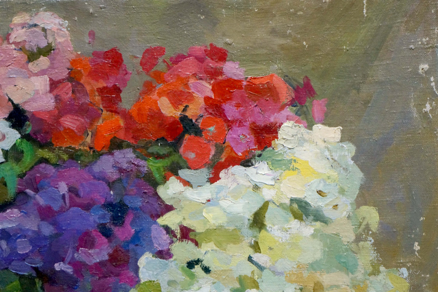 Vibrant impressionistic oil painting of pink red purple white hydrangeas by Shalabayeva Olga Ivanovna