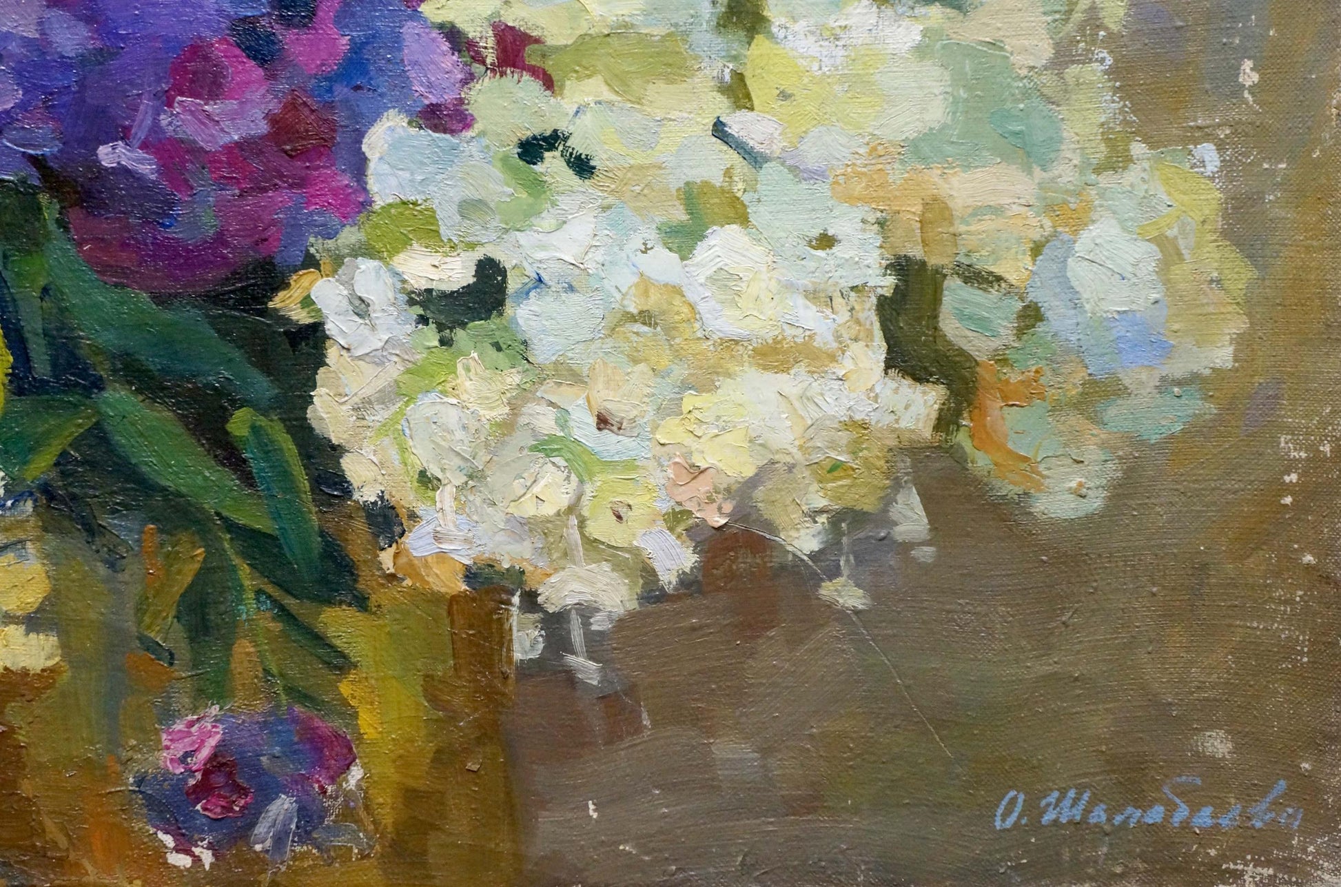 Oil painting Still life by Shalabayeva Olga Ivanovna: white purple hydrangeas bouquet