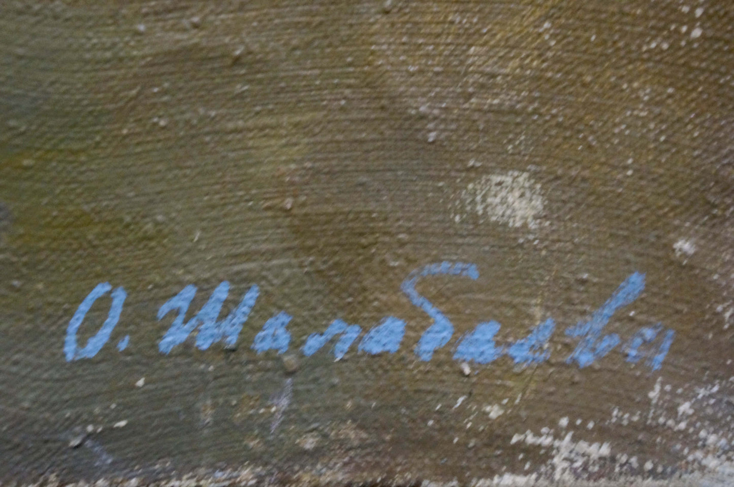 Blue cursive o. signature on back of Shalabayeva Olga Ivanovna oil painting still life