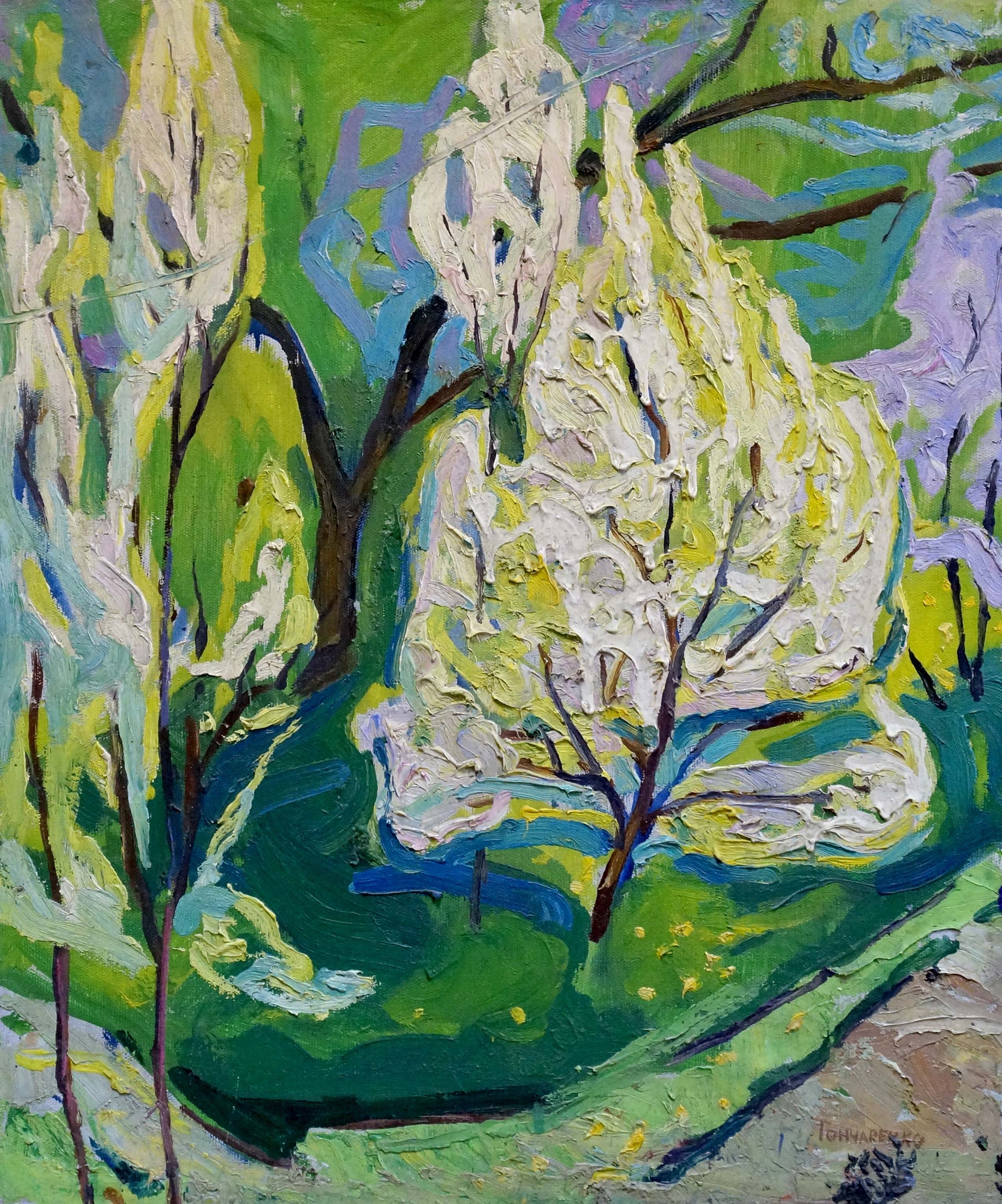 Vibrant abstract oil painting of blossoming forest landscape by Valentina Goncharenko