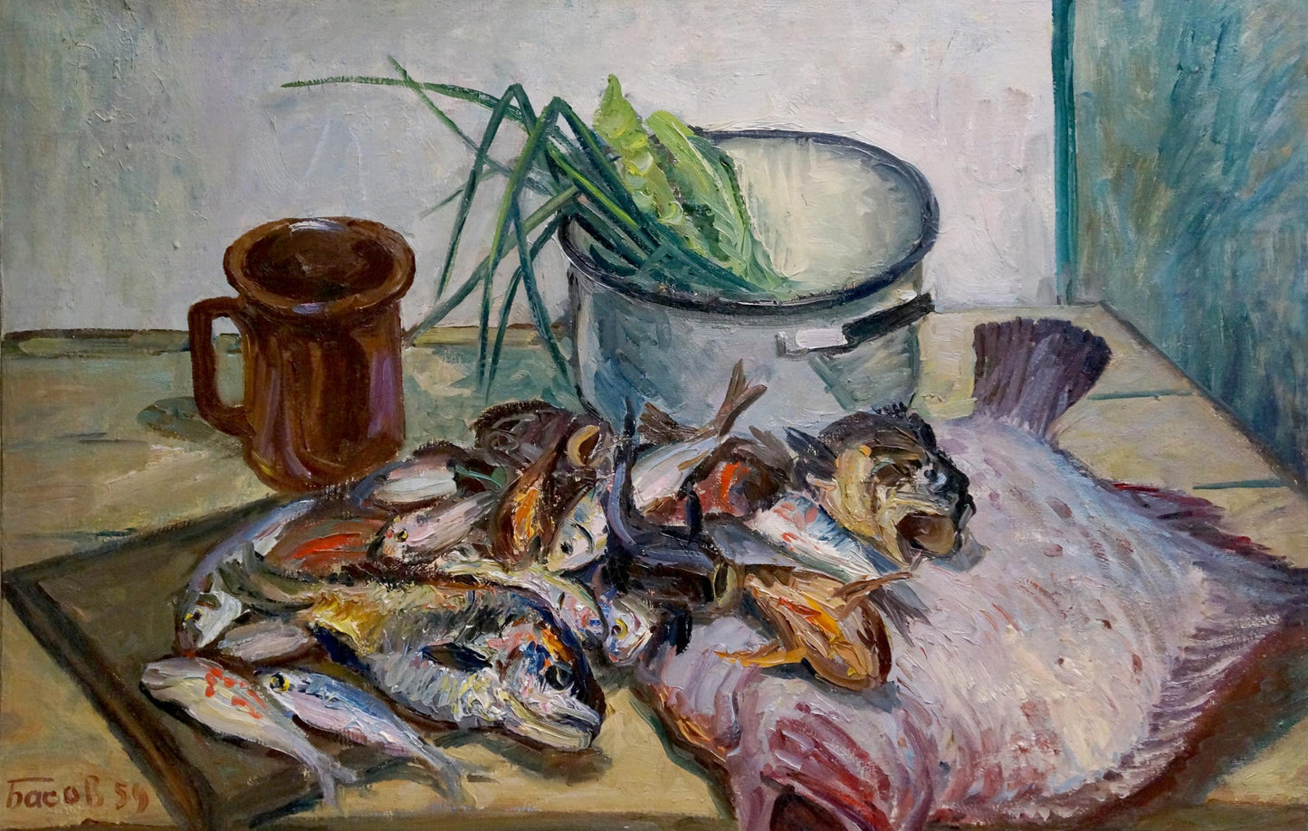 Oil painting Fishes by Basov Yakov Alexandrovich with rustic mug and onions
