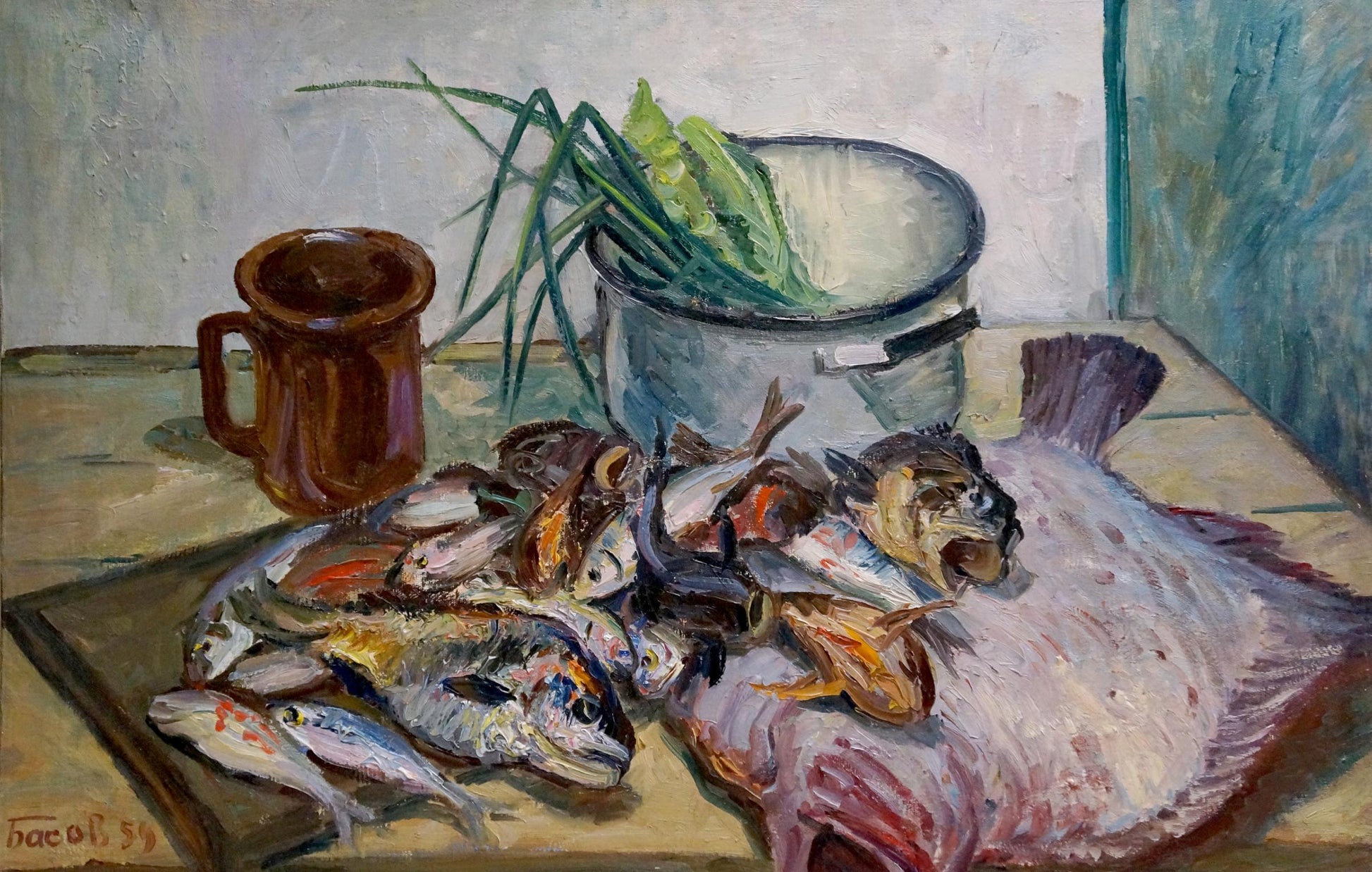 Oil painting Fishes by Basov Yakov Alexandrovich with rustic mug and onions