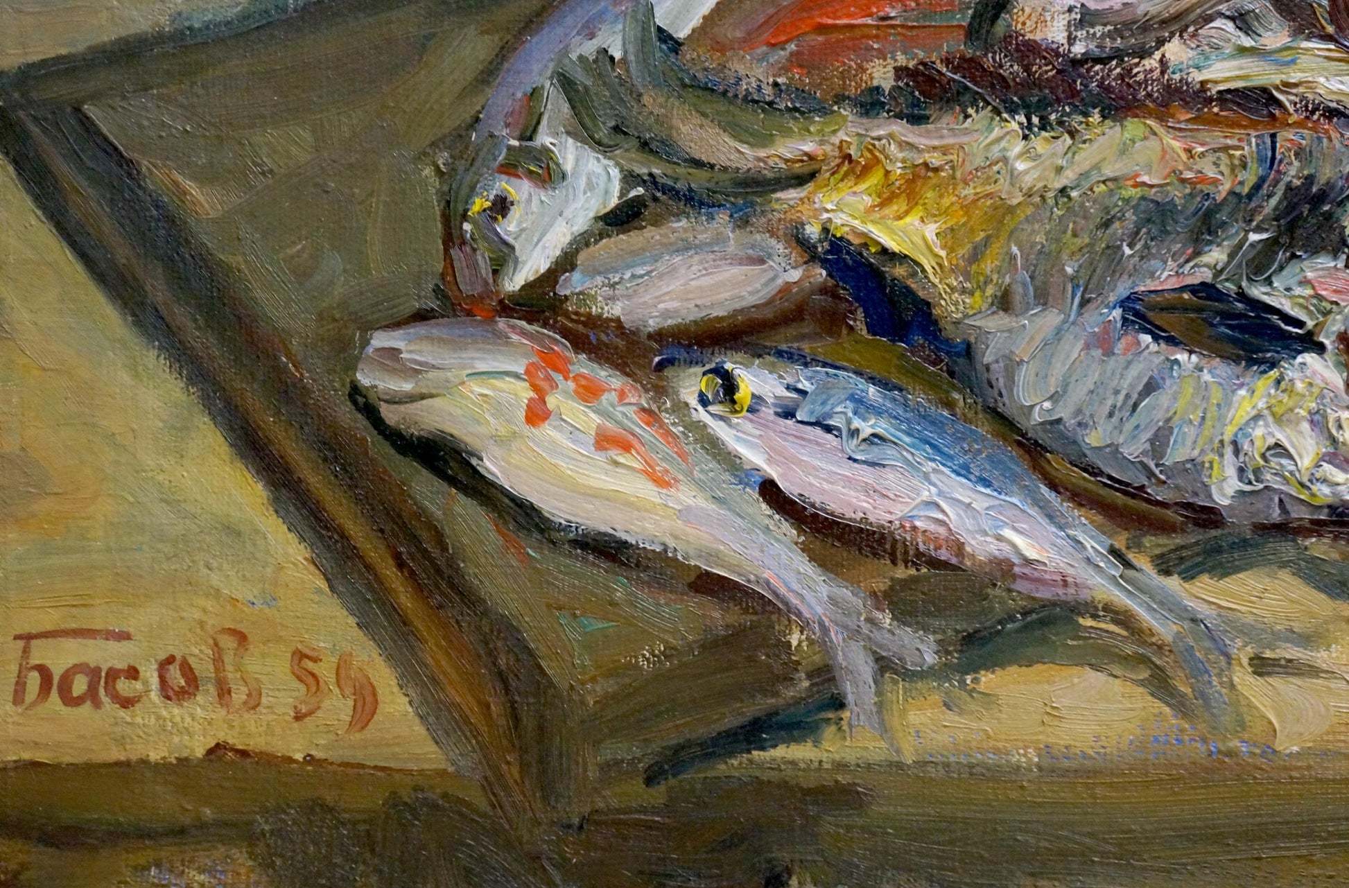 Oil painting of fishes by Basov Yakov Alexandrovich on wood