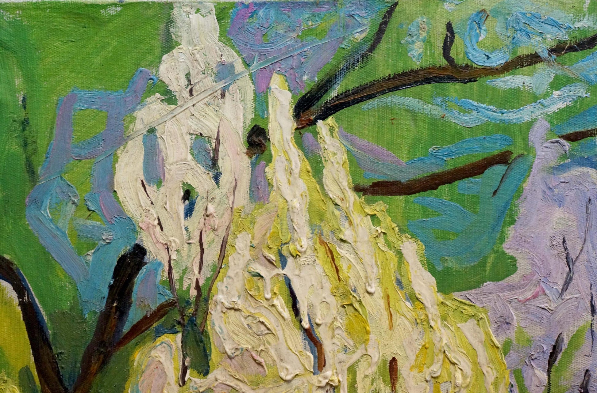 Abstract textured pear oil painting by Valentina Goncharenko on green background
