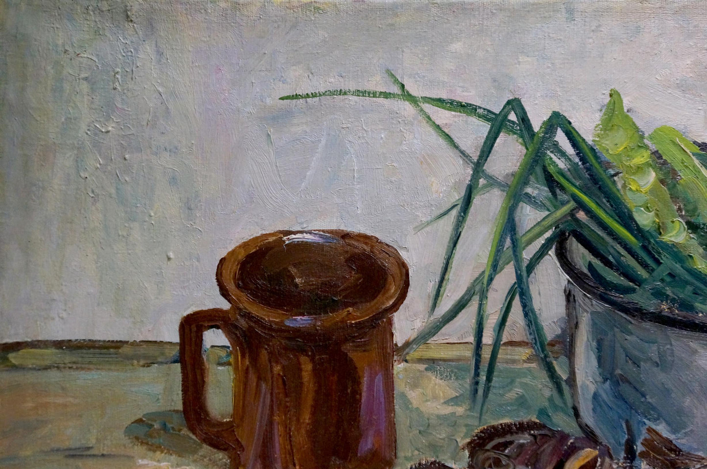 Rustic brown ceramic mug on table in Oil painting Fishes by Basov Yakov Alexandrovich