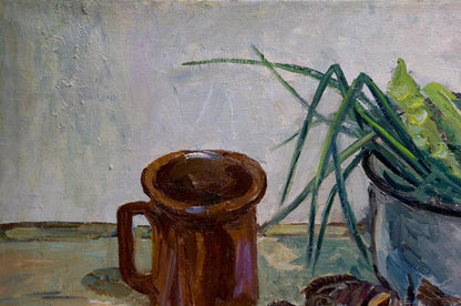 Rustic brown ceramic mug on table in Oil painting Fishes by Basov Yakov Alexandrovich