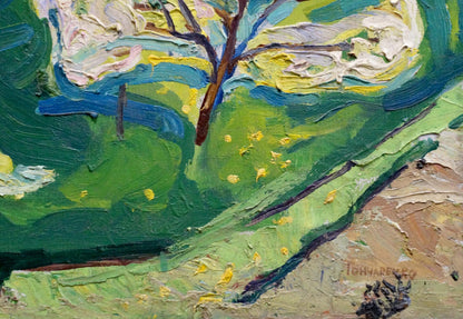 Vibrant abstract oil painting of forest landscape tree by Valentina Goncharenko