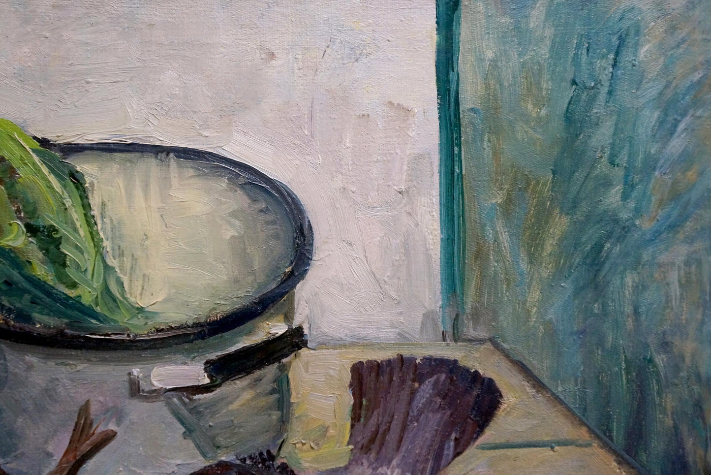 Oil painting of green leafy vegetable in dark-rimmed bowl by Basov Yakov Alexandrovich