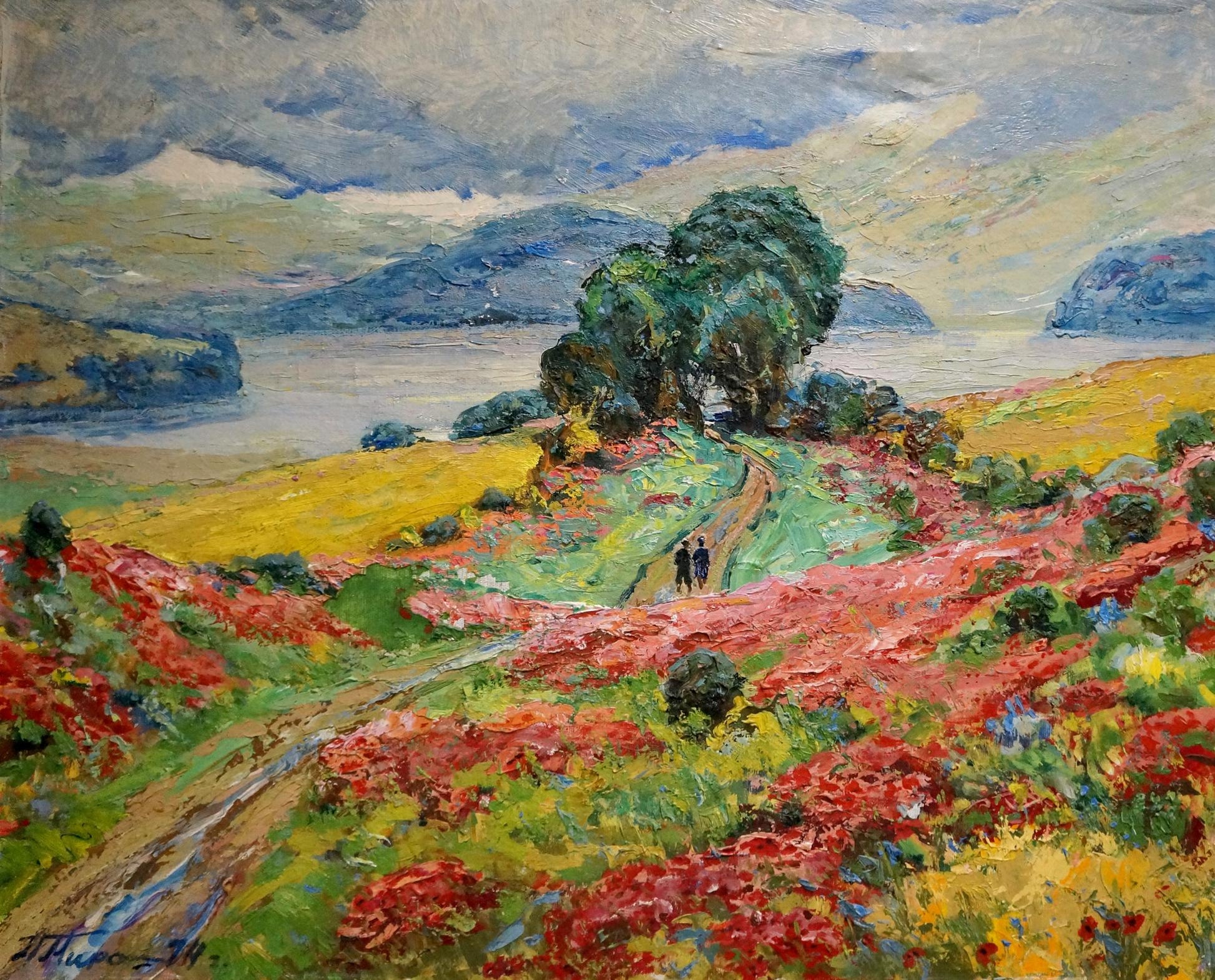 Vibrant impressionist oil painting by Miroshnichenko Pavel Petrovich of winding path through red yellow flowers to hills under cloudy sky
