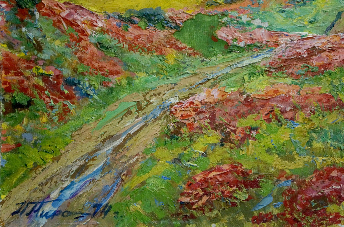 Oil painting The rain is over by Miroshnichenko Pavel Petrovich, vibrant path through lush red green fields