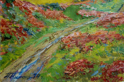 Oil painting The rain is over by Miroshnichenko Pavel Petrovich, vibrant path through lush red green fields