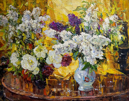 Oil painting of translucent blue glass vase with white purple flowers by Sergey Shapovalov