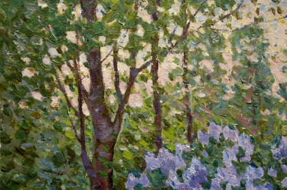 Vibrant impressionist oil painting of lilac blooms in garden by Konovalov Yuri Alexandrovich