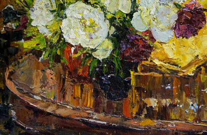 Vibrant oil painting of peonies by Sergey Shapovalov in rustic bowl