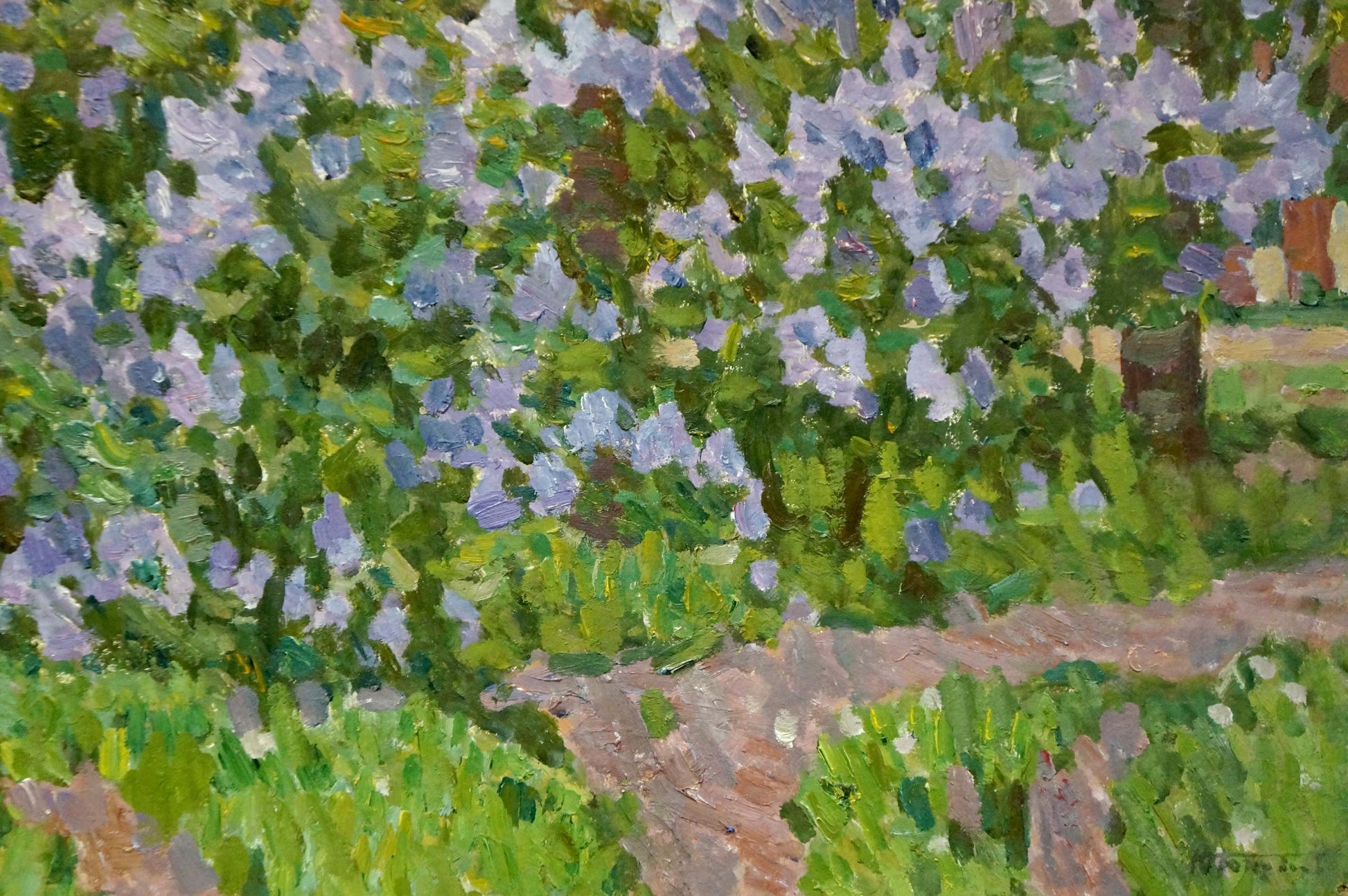Vibrant oil painting of lilac blooms in garden by Konovalov Yuri Alexandrovich