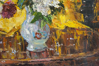 Translucent hand-painted glass vase with Sergey Shapovalov oil painting flowers