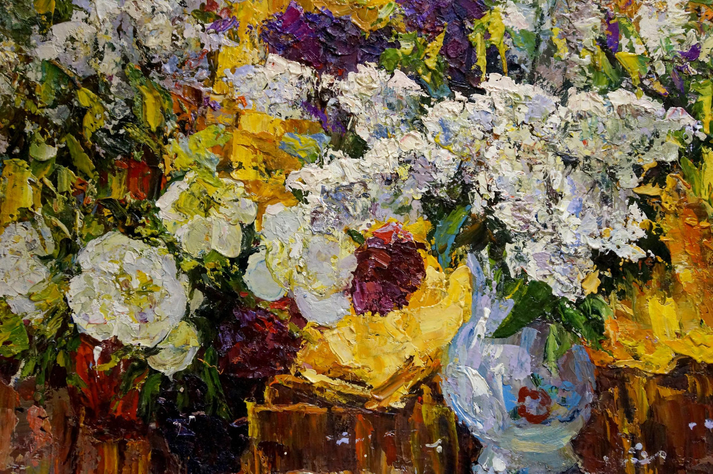 Oil painting of overflowing white purple hydrangeas in blue glass vase by Sergey Shapovalov