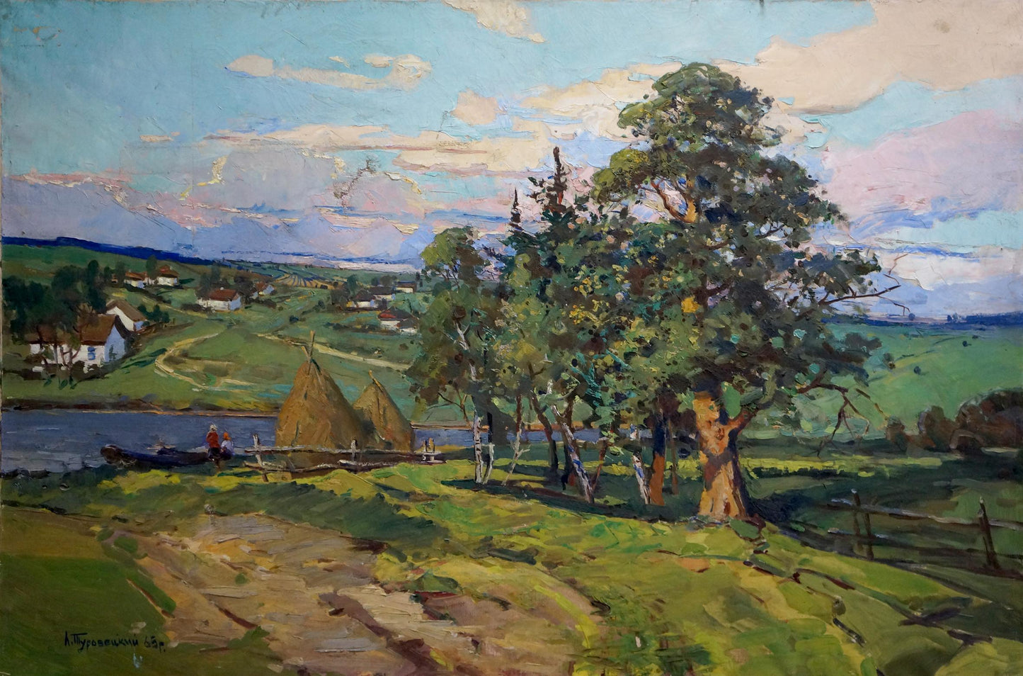 Oil painting by Turovetsky Leonid Markovich: vibrant rural landscape with river and village