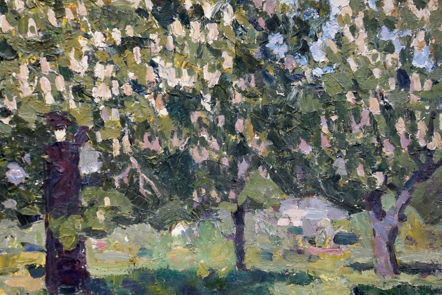 Textured impressionist oil painting of tree with pink blossoms by Konovalov Yuri Alexandrovich