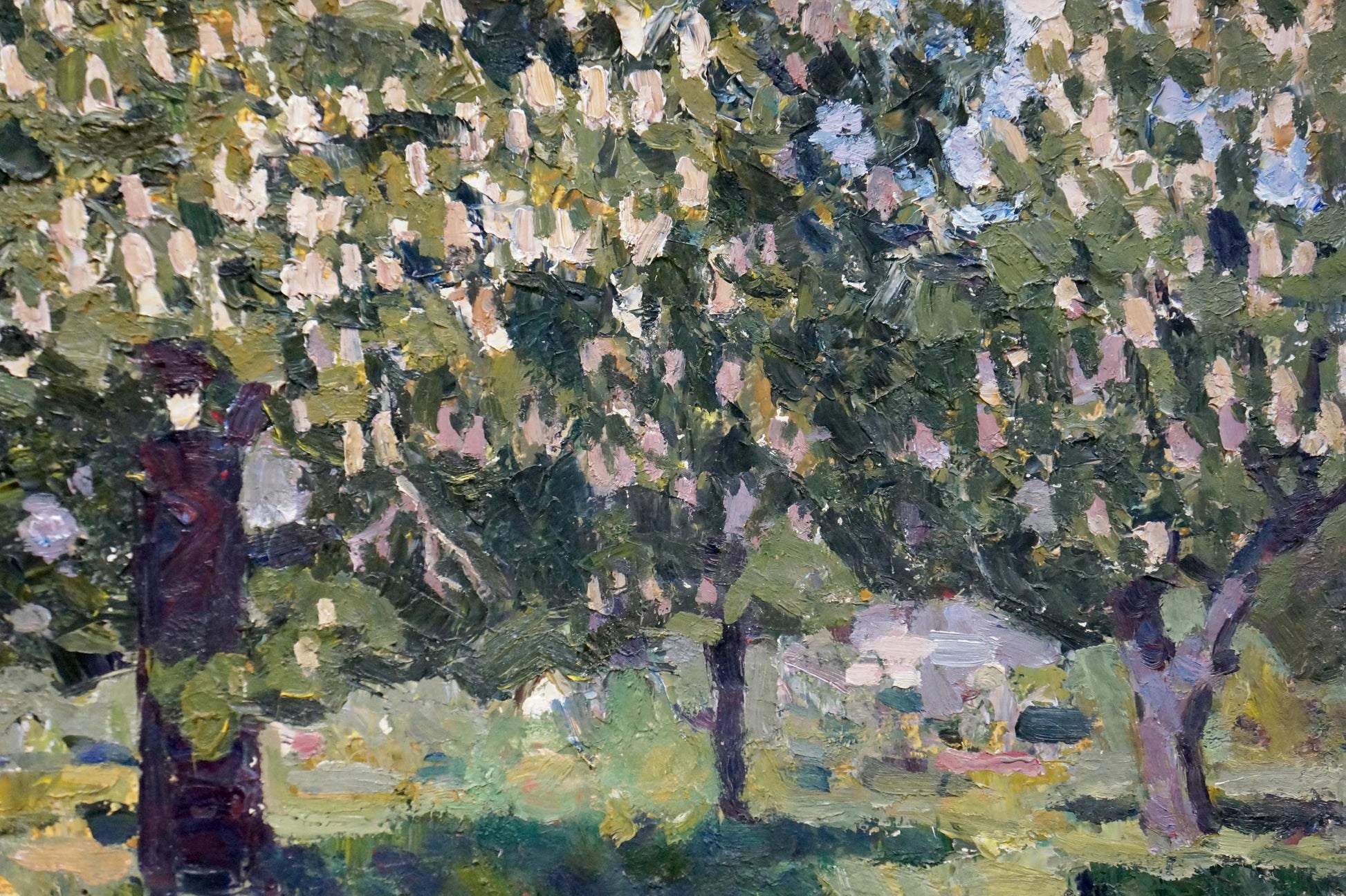 Textured impressionist oil painting of tree with pink blossoms by Konovalov Yuri Alexandrovich