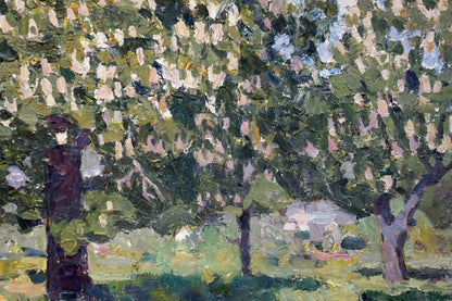 Textured impressionist oil painting of tree with pink blossoms by Konovalov Yuri Alexandrovich