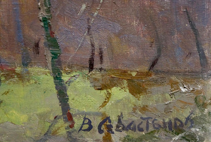 Oil painting Autumn in all its glory by Sevastyanov Victor Grigorievich with green tree trunk