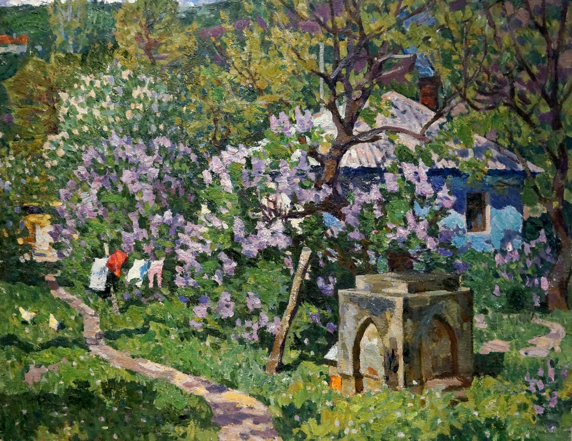 Oil painting of Konovalov Yuri Alexandrovich courtyard landscape with stone well in lush greenery