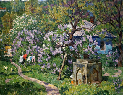 Oil painting of Konovalov Yuri Alexandrovich courtyard landscape with stone well in lush greenery