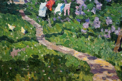 Oil painting by Konovalov Yuri Alexandrovich: vibrant green garden path with purple flowers