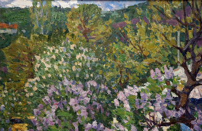 Vibrant impressionist oil painting of lilac garden by Konovalov Yuri Alexandrovich