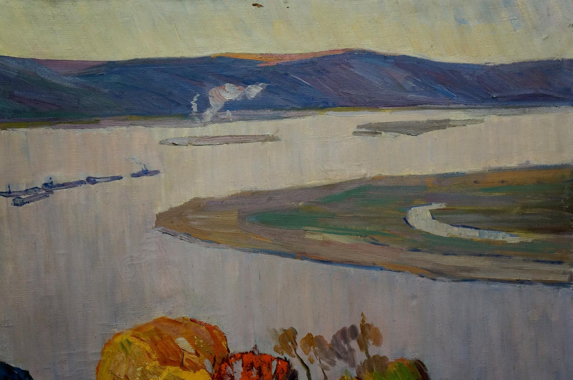 Oil painting by Bednoshey Daniil Panteleyevich: serene river with mountains, boats, autumn foliage
