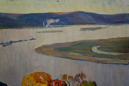 Oil painting by Bednoshey Daniil Panteleyevich: serene river with mountains, boats, autumn foliage