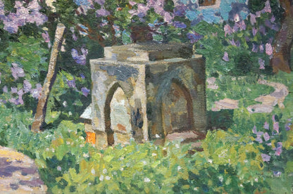 Oil painting of stone well in lush courtyard by Konovalov Yuri Alexandrovich