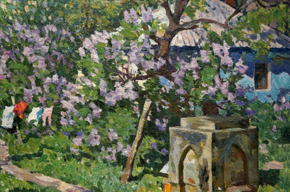 Oil painting of Konovalov Yuri Alexandrovich courtyard with stone well and lilacs