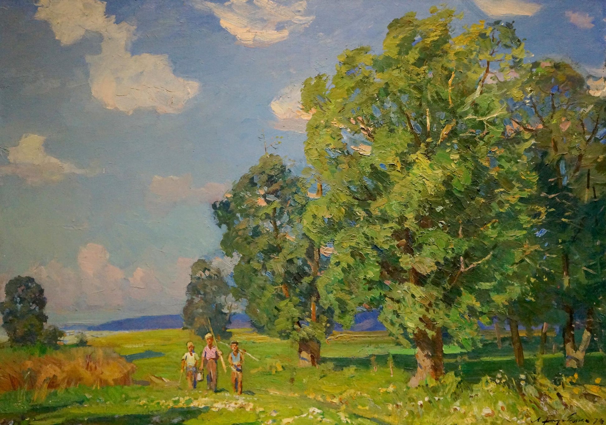 Vibrant oil painting by Khodchenko Lev Pavlovich: children in sunlit meadow