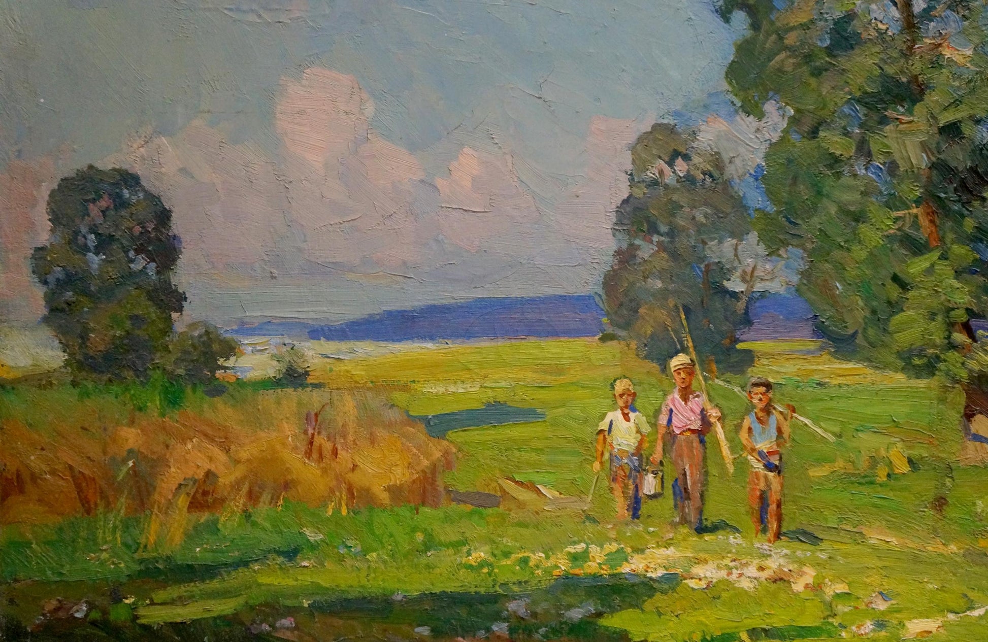 Vibrant impressionist oil painting by Khodchenko Lev Pavlovich of children in sunlit field