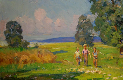 Vibrant impressionist oil painting by Khodchenko Lev Pavlovich of children in sunlit field