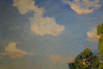 Oil painting Walk through the woods by Khodchenko Lev Pavlovich, blue sky with clouds