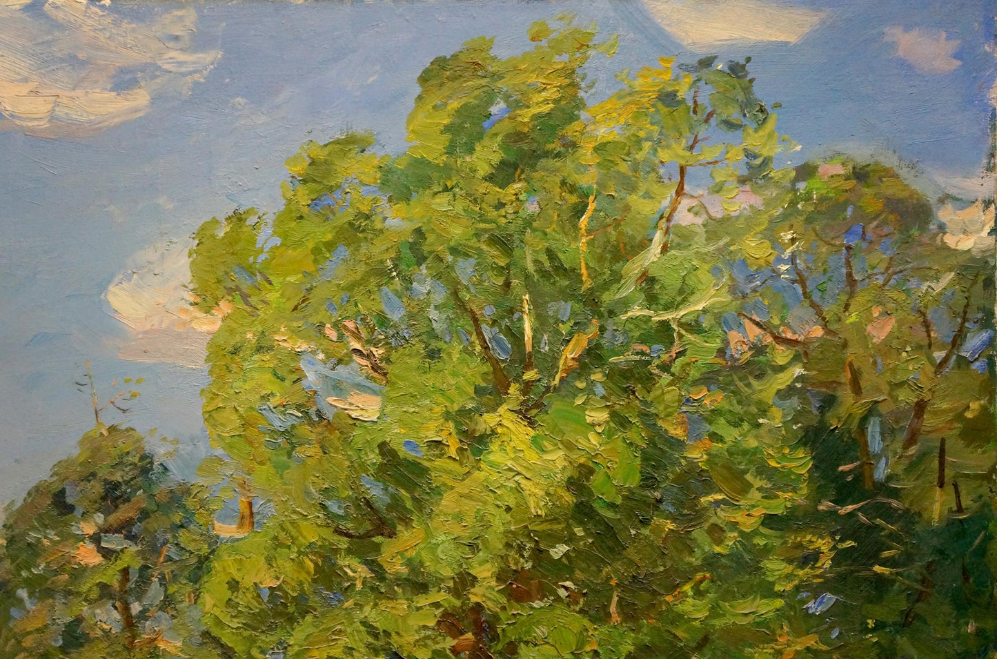 Vibrant impressionistic oil painting of lush green tree in woods by Khodchenko Lev Pavlovich