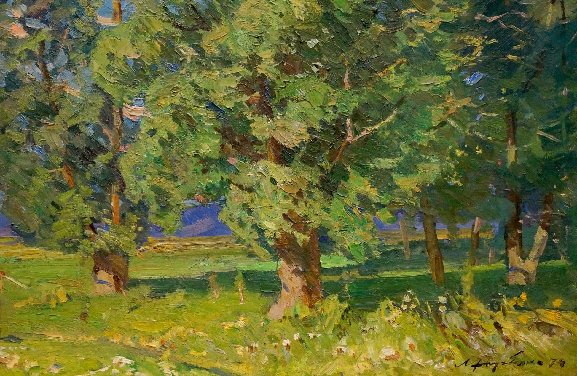 Vibrant impressionist oil painting of lush green woods by Khodchenko Lev Pavlovich