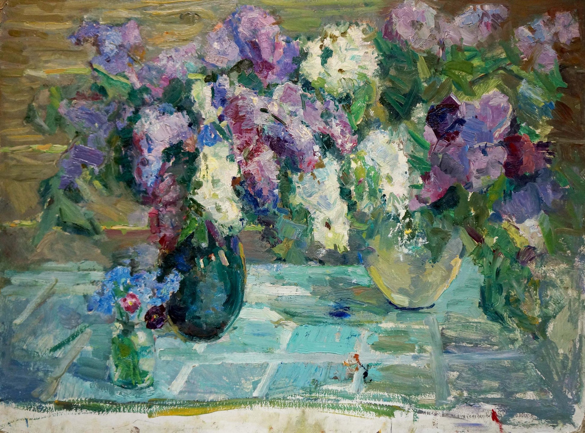 Oil painting Gift of lilac by Vera Dovgalevskaya: vibrant purple lilacs in vases