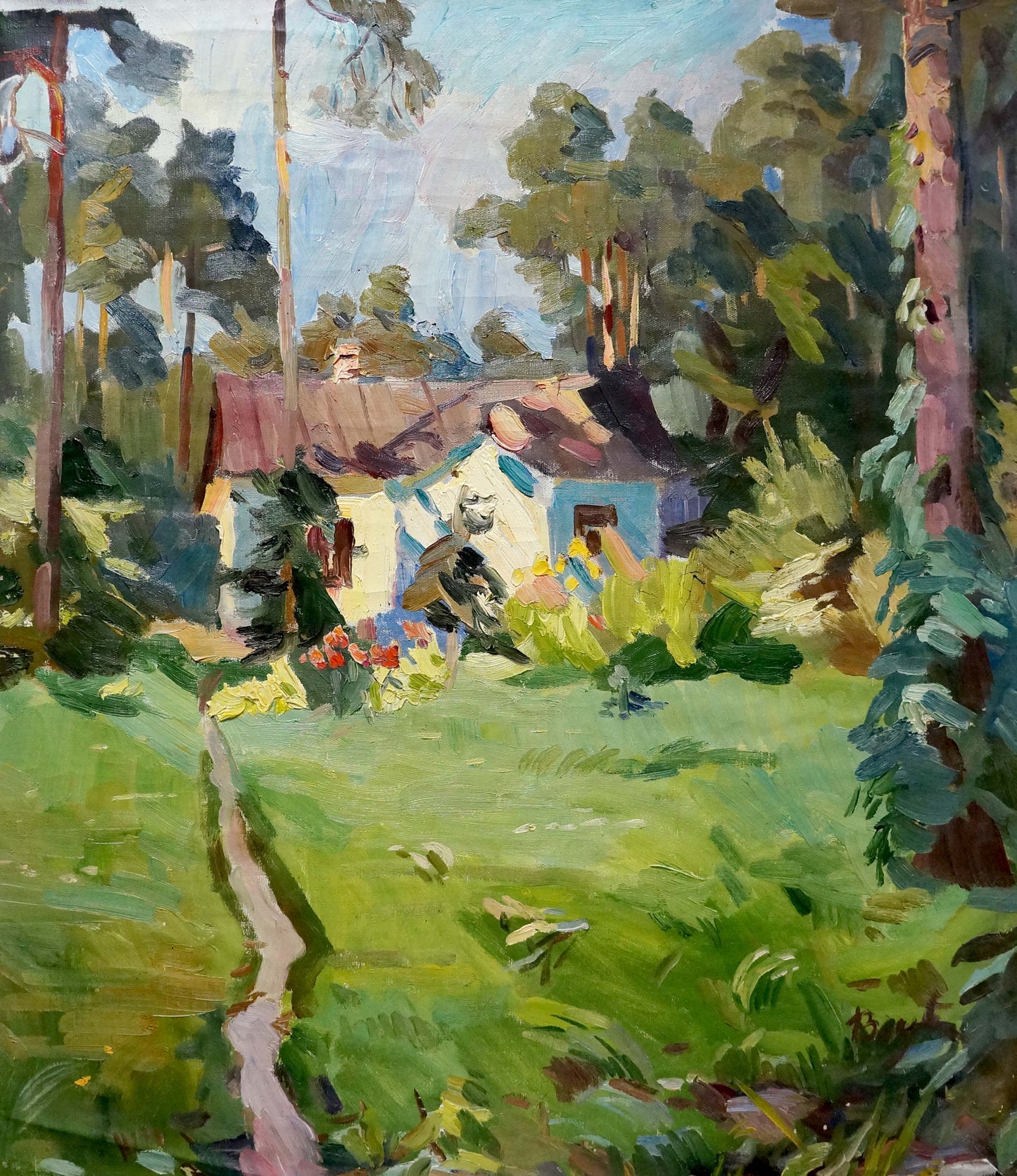 Oil painting House in the Woods: impressionistic rustic cottage in lush garden