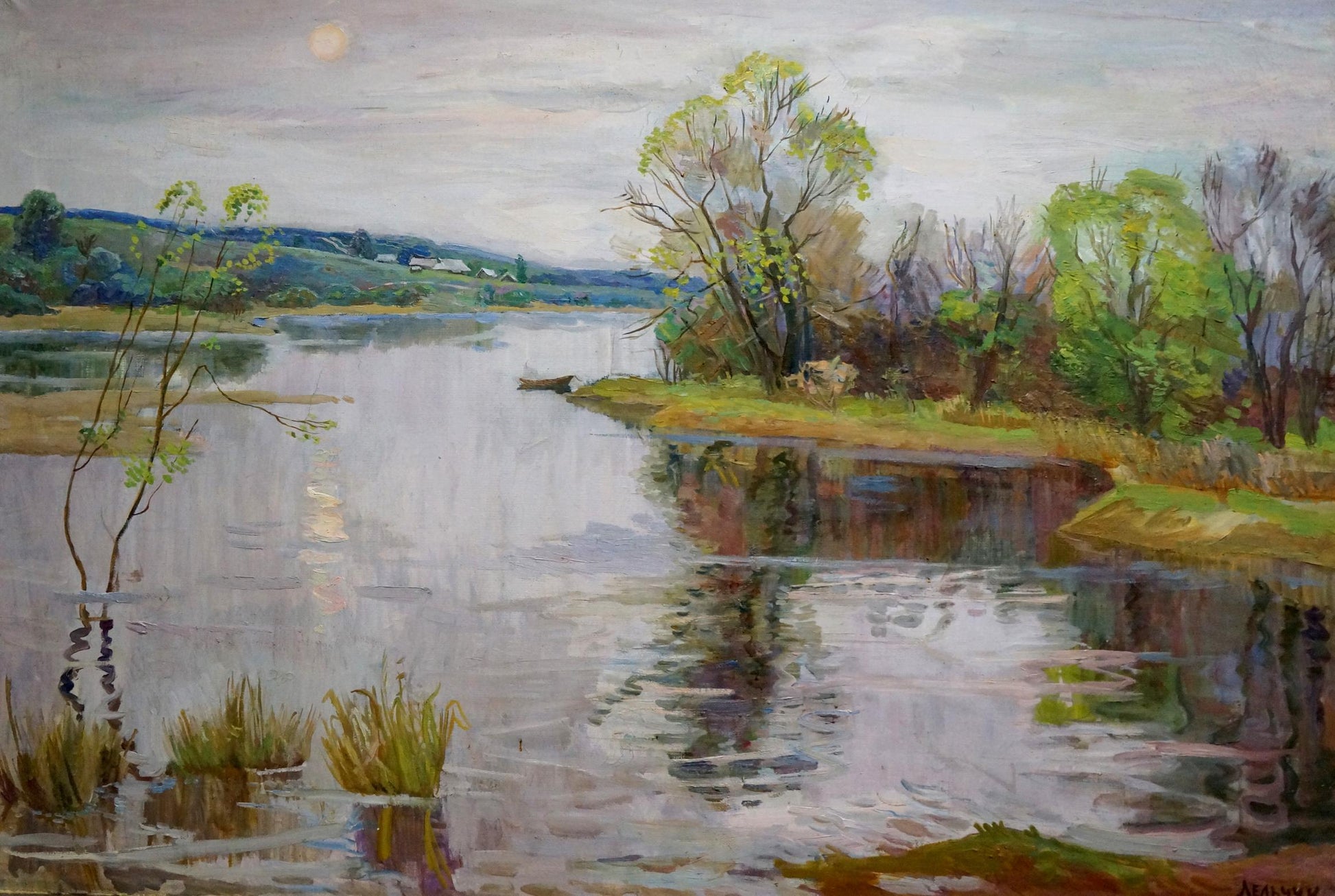 Serene river landscape oil painting by Lelchuk Marina Grigoryevna