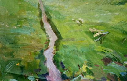Impressionistic oil painting of house in woods on winding path through green field