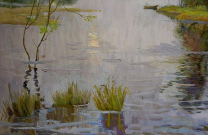 Oil painting of tranquil river landscape with reeds by Lelchuk Marina Grigoryevna