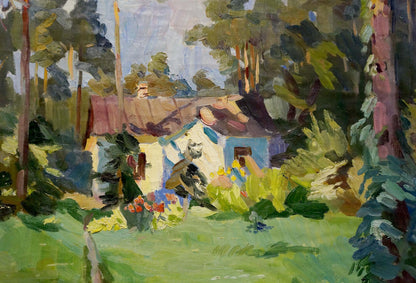 Oil painting of rustic house in woods with red roof and garden