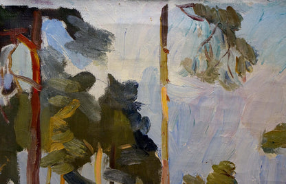 Oil painting House in the woods: abstract landscape with bold green, blue brushstrokes