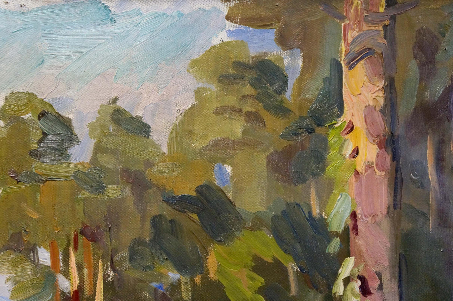 Impressionistic oil painting of house in textured green forest